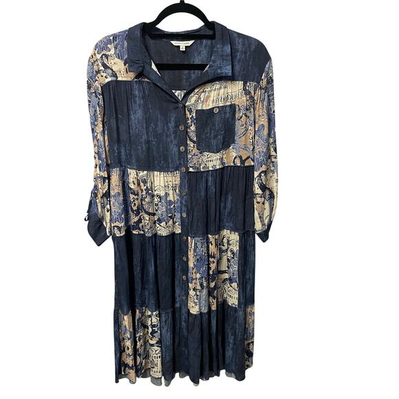 John Mark Patchwork Mixed Print Y-Neck 3/4 Sleeve Button Front Shirt Dress Small - Picture 2 of 9